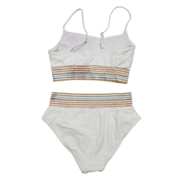 White Two-Piece Bikini Set Swimsuit  Multicolor Zigzag Waistband Size M Womens - Picture 2 of 5